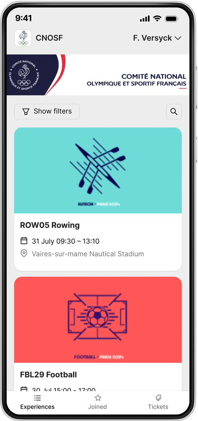 CNOSF experiences list on the Seaters platform